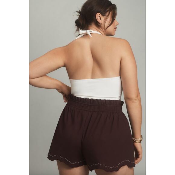 By Anthropologie Scallop-Hem Shorts drawstring maroon-ish brown 1X - Picture 11 of 12